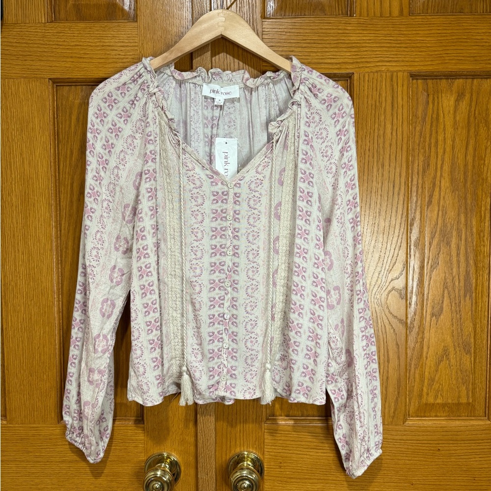 Pink Rose Smocked Pink and White Long Sleeve Lightweight Blouse Sz M